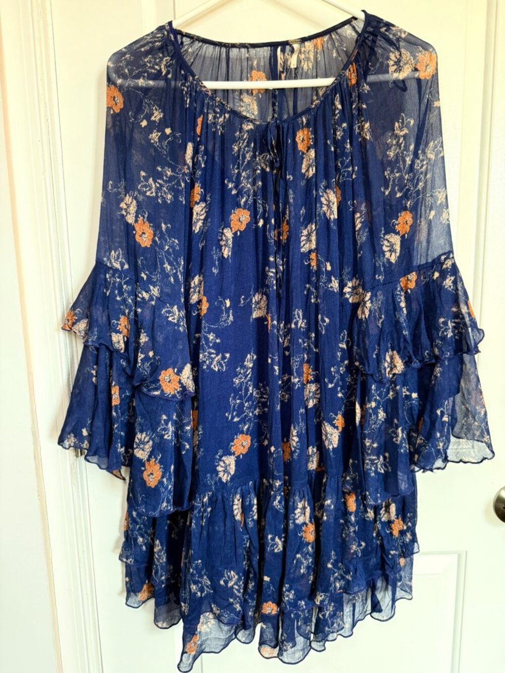 Free People Sunsetter Floral Tiered Boho Mini Dress Navy Blue Size M Fall Vibes